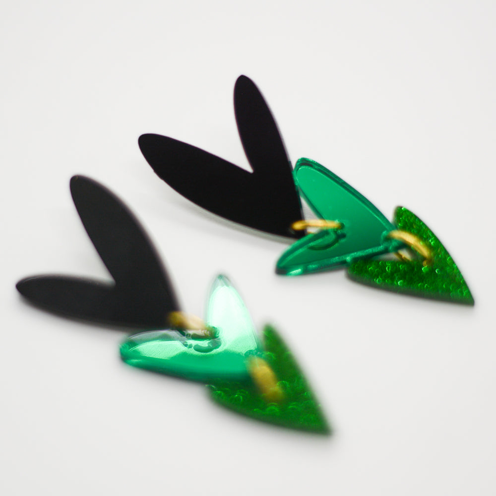 Corazones Triples - Negro, Verde Espejo y Verde Glitter