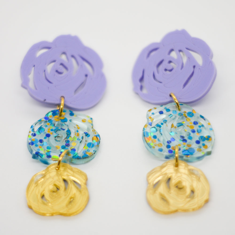 Rosas Triples - Lila,  Confeti Turquesas con Dorado y Dorado Espejo