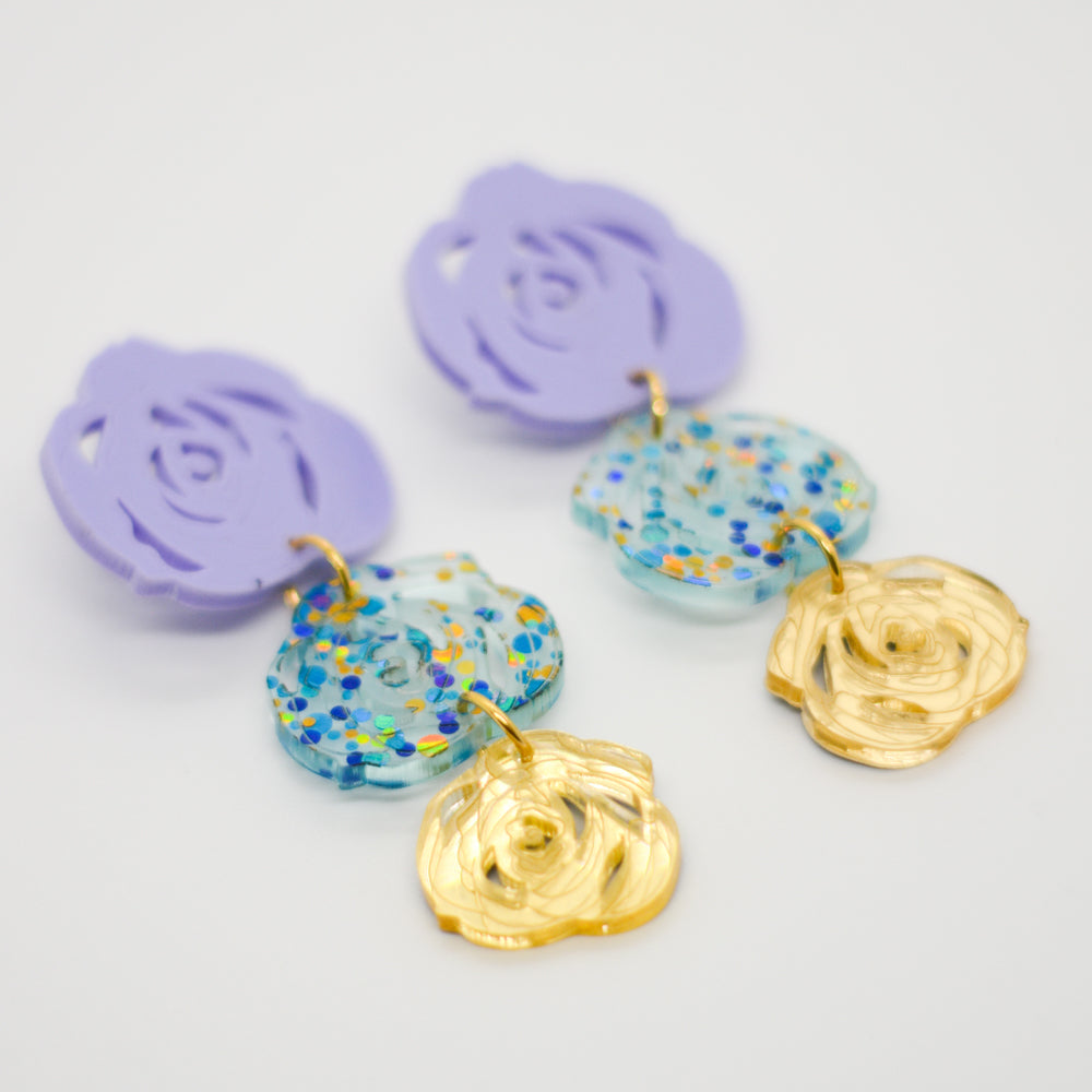 Rosas Triples - Lila,  Confeti Turquesas con Dorado y Dorado Espejo