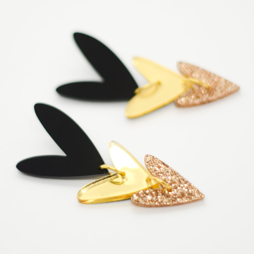 Corazones Triples - Negro, Dorado Espejo y Dorado Glitter
