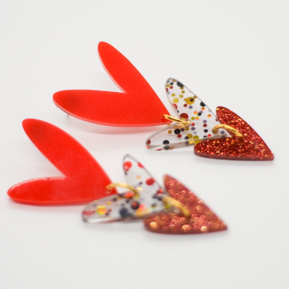 Corazones Triples - Rojo Sólido, Confeti y Rojo Glitter