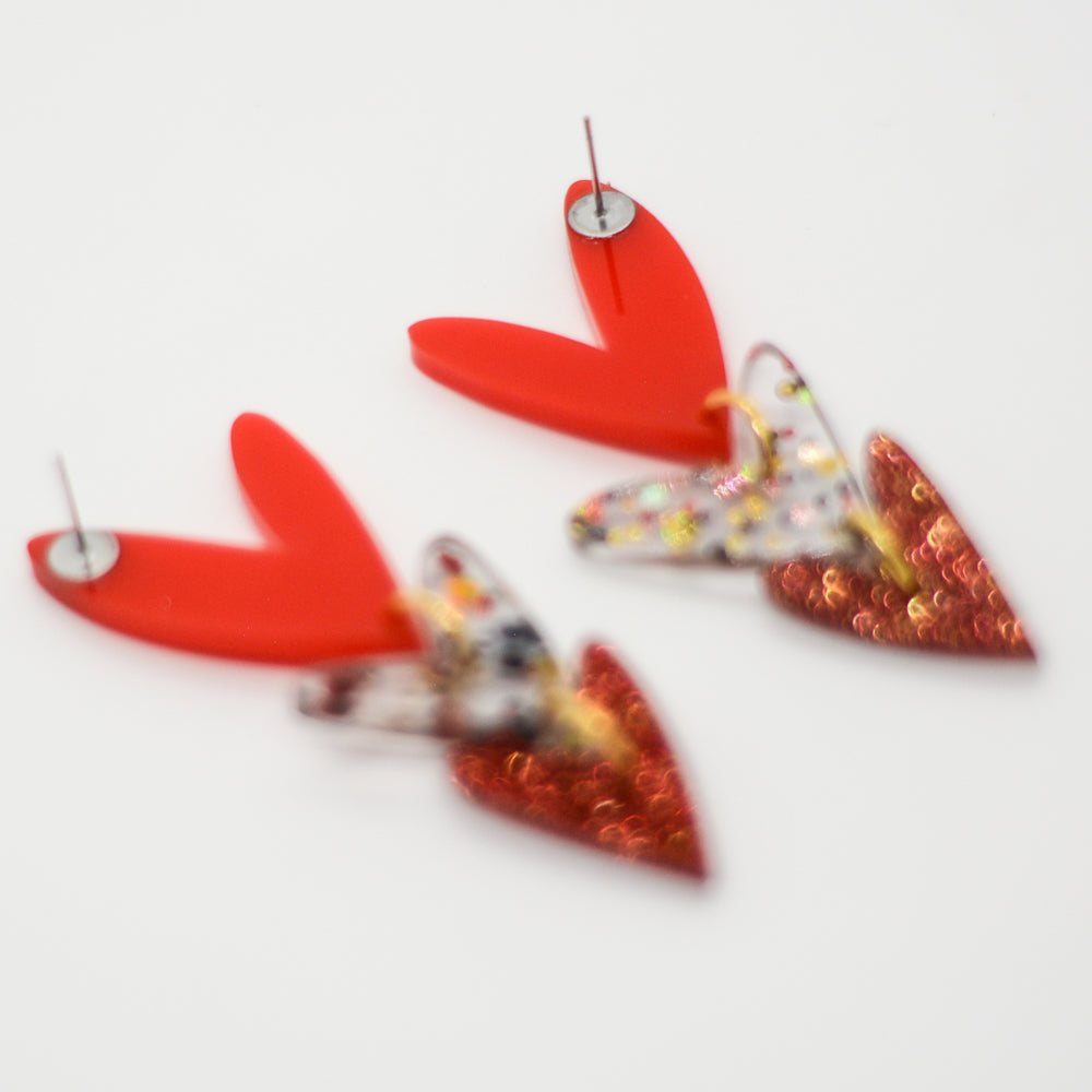 Corazones Triples - Rojo Sólido, Confeti y Rojo Glitter