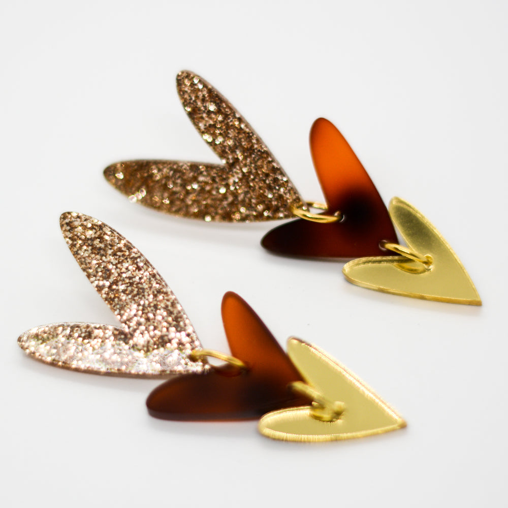 Corazones Triples - Dorado Glitter, Café Marmolado, Dorado