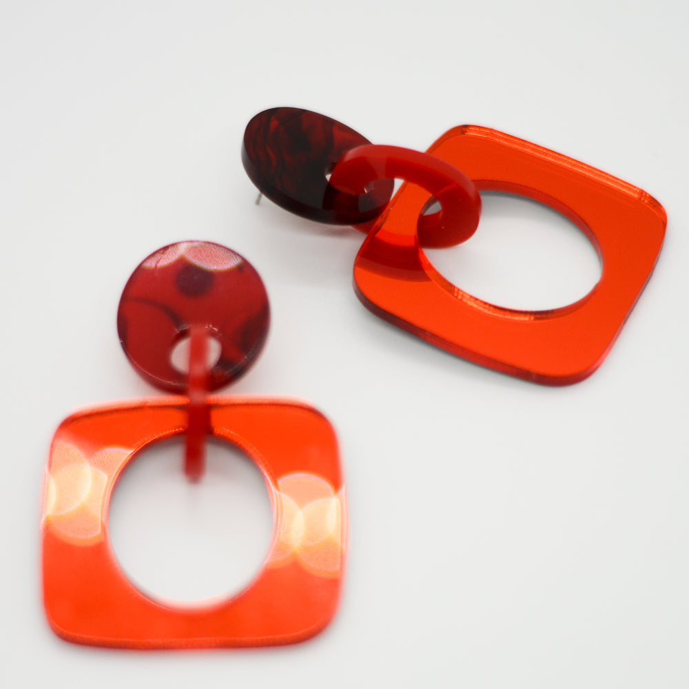 Eslabones - Tope Mármol Rojo y Negro, Argolla Rojo Sólido y Rojo Espejado