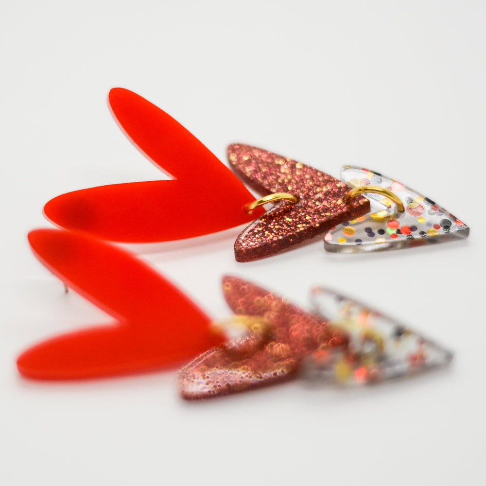 Corazones Triples - Rojo Sólido, Rojo Glitter y Confeti