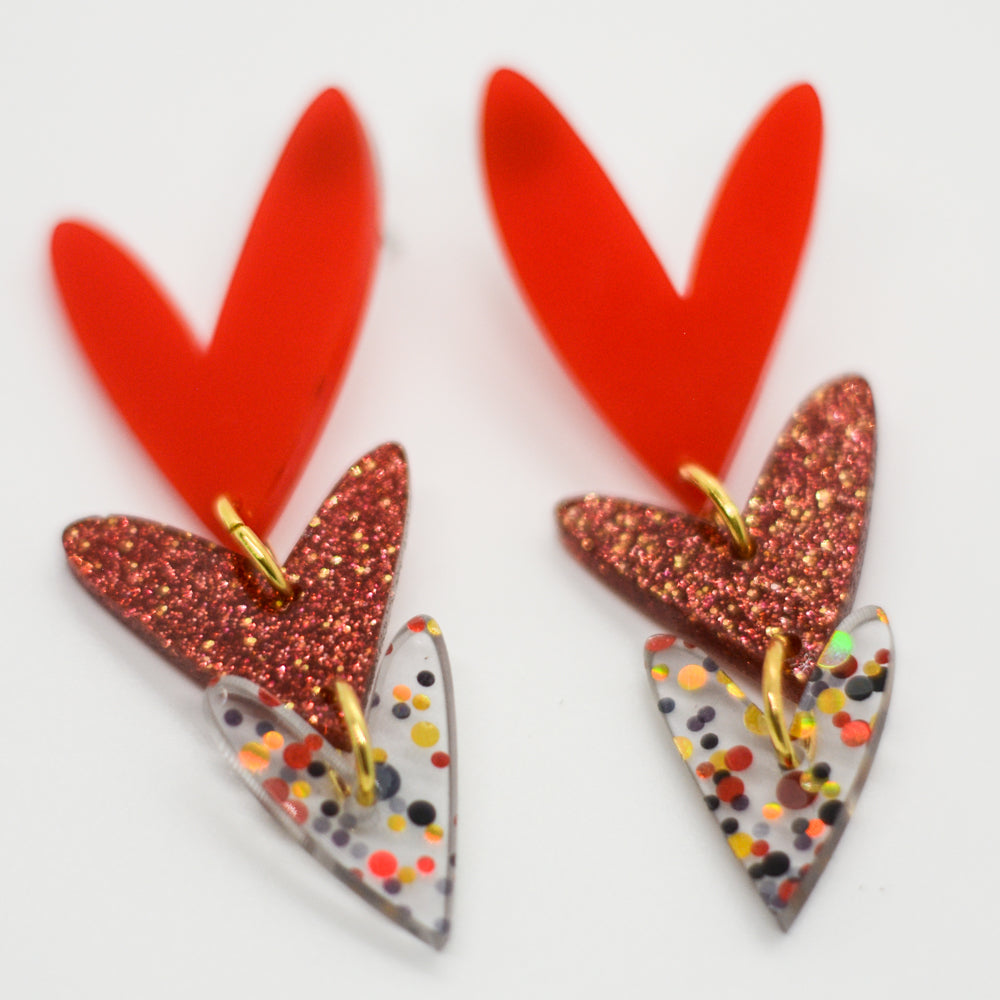 Corazones Triples - Rojo Sólido, Rojo Glitter y Confeti