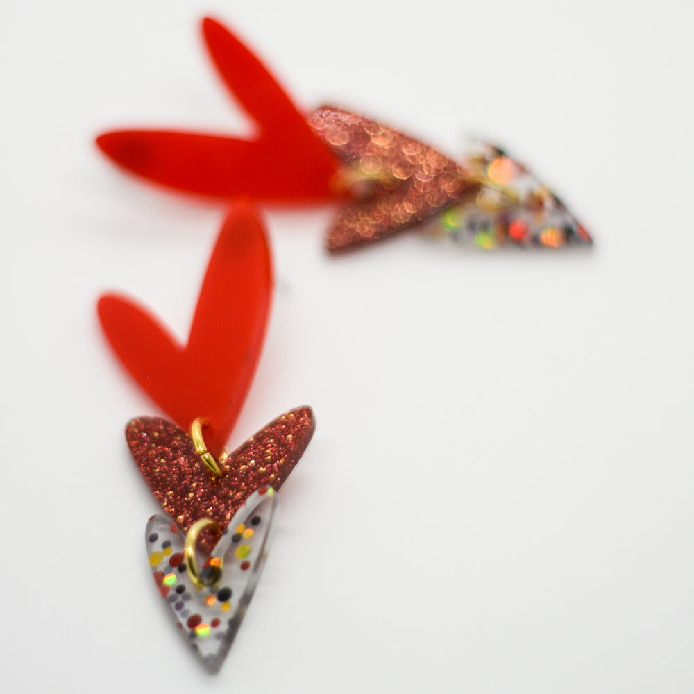 Corazones Triples - Rojo Sólido, Rojo Glitter y Confeti