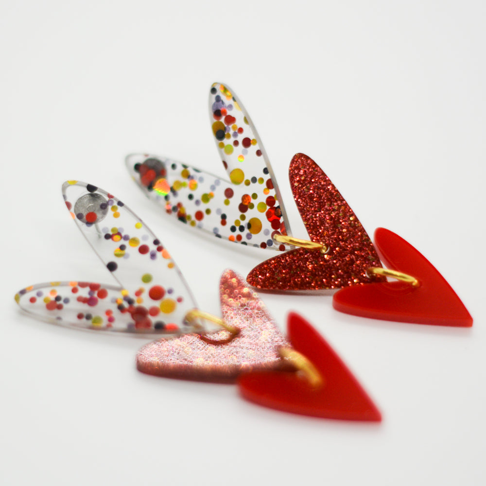 Corazones Triples - Confeti, Rojo Glitter y Rojo Sólido