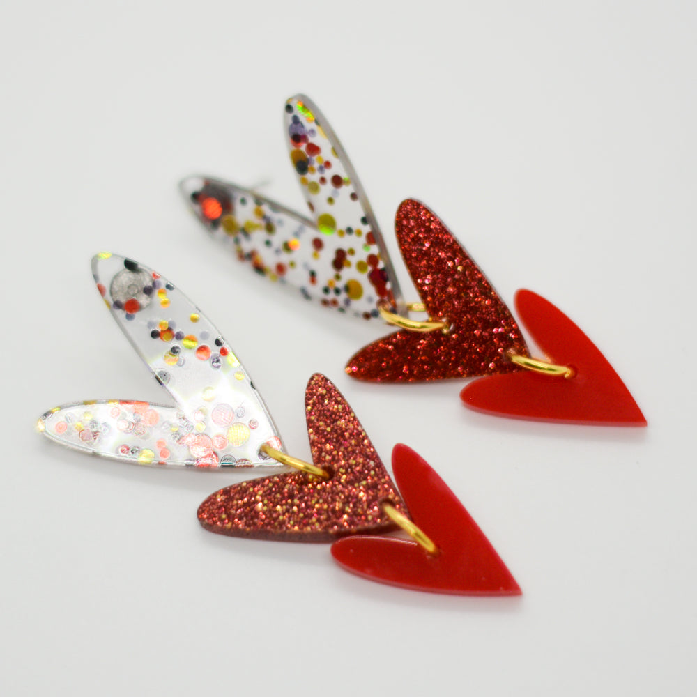 Corazones Triples - Confeti, Rojo Glitter y Rojo Sólido