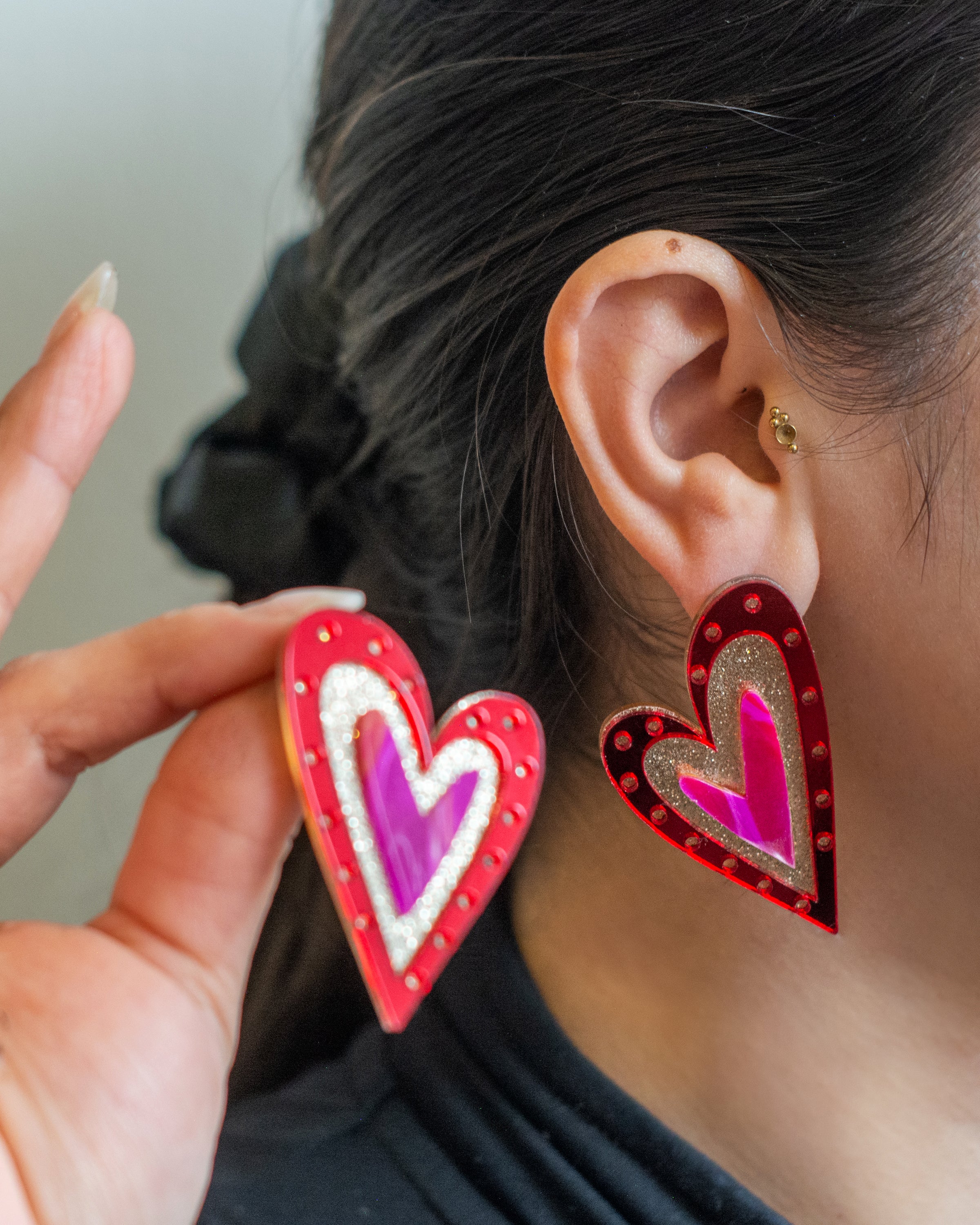 Corazones Fuertes XL - Rojo Espejo, Fucsia Marmoleado y Dorado Glitter