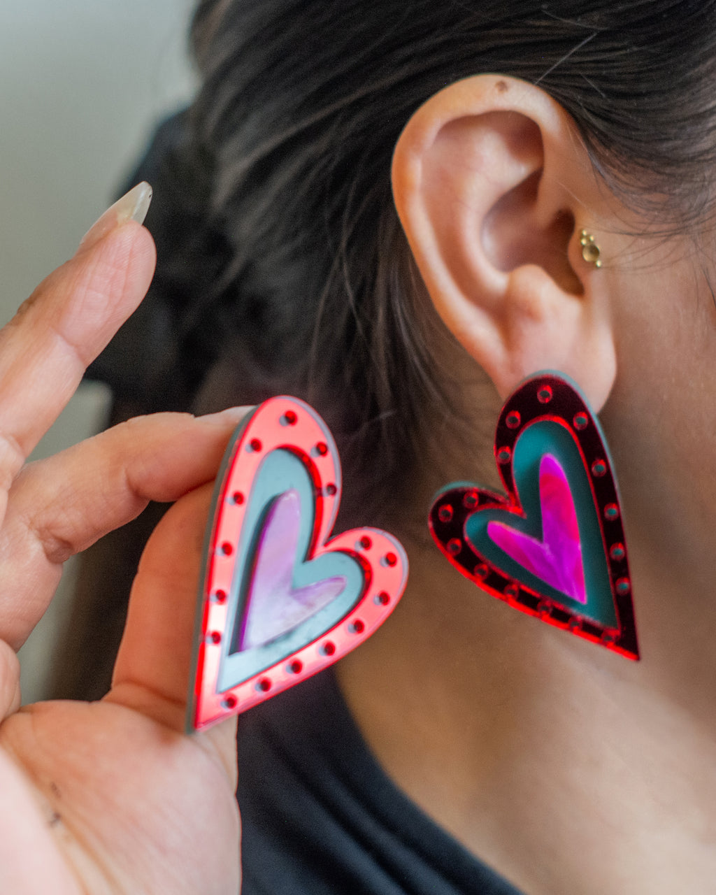 Corazones Fuertes XL - Rojo Espejo, Fucsia Marmoleado y Verde Agua