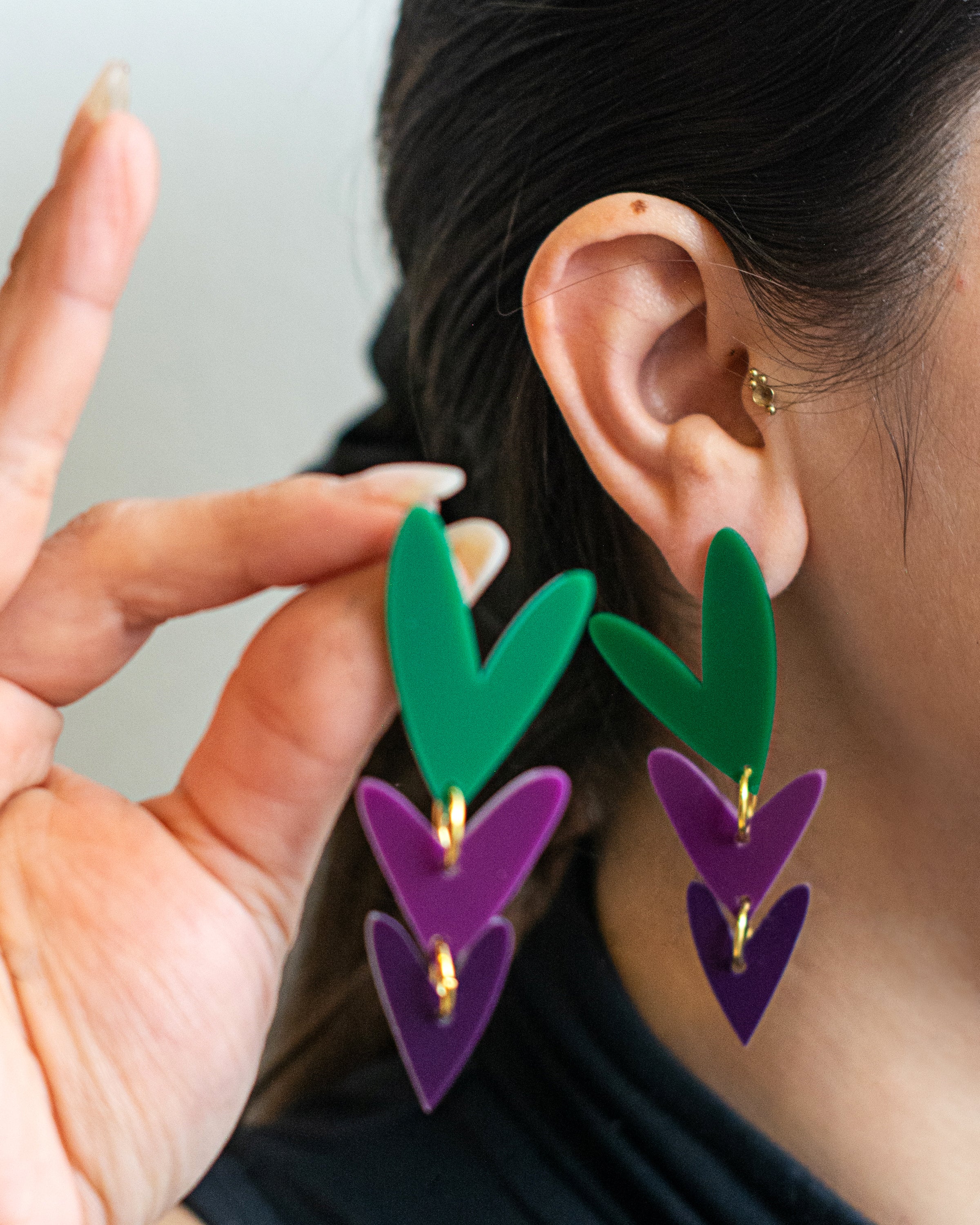 Corazones Triples - Color Verde Intenso, Morado Medio y Morado Oscuro