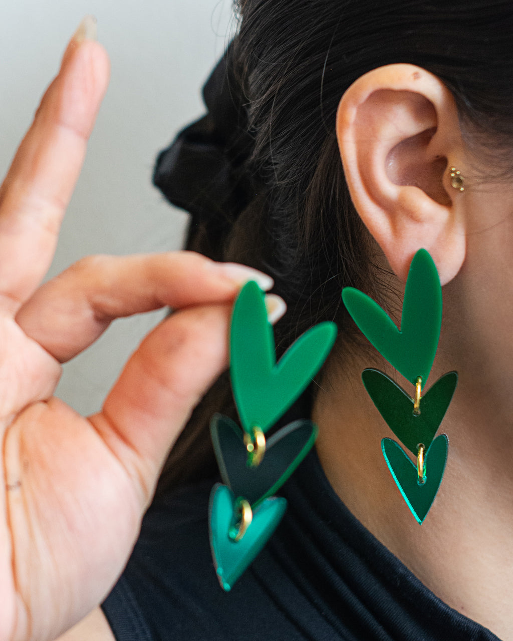 Corazones Triples - Verde Sólido, Verde Traslúcido y Verde Espejo