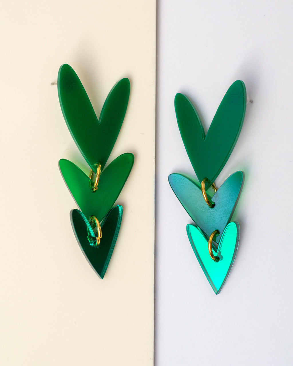 Corazones Triples - Verde Sólido, Verde Traslúcido y Verde Espejo