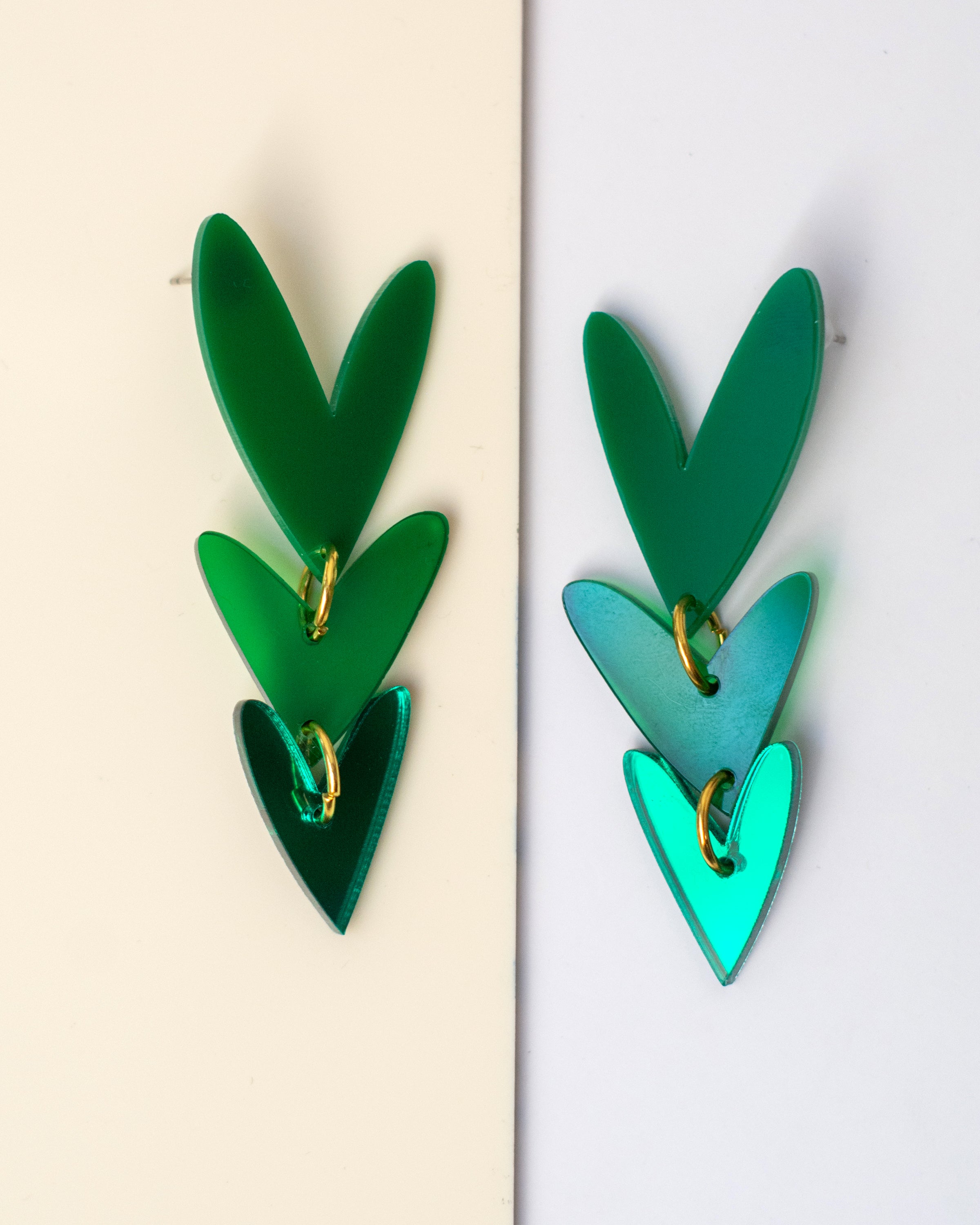 Corazones Triples - Verde Sólido, Verde Traslúcido y Verde Espejo