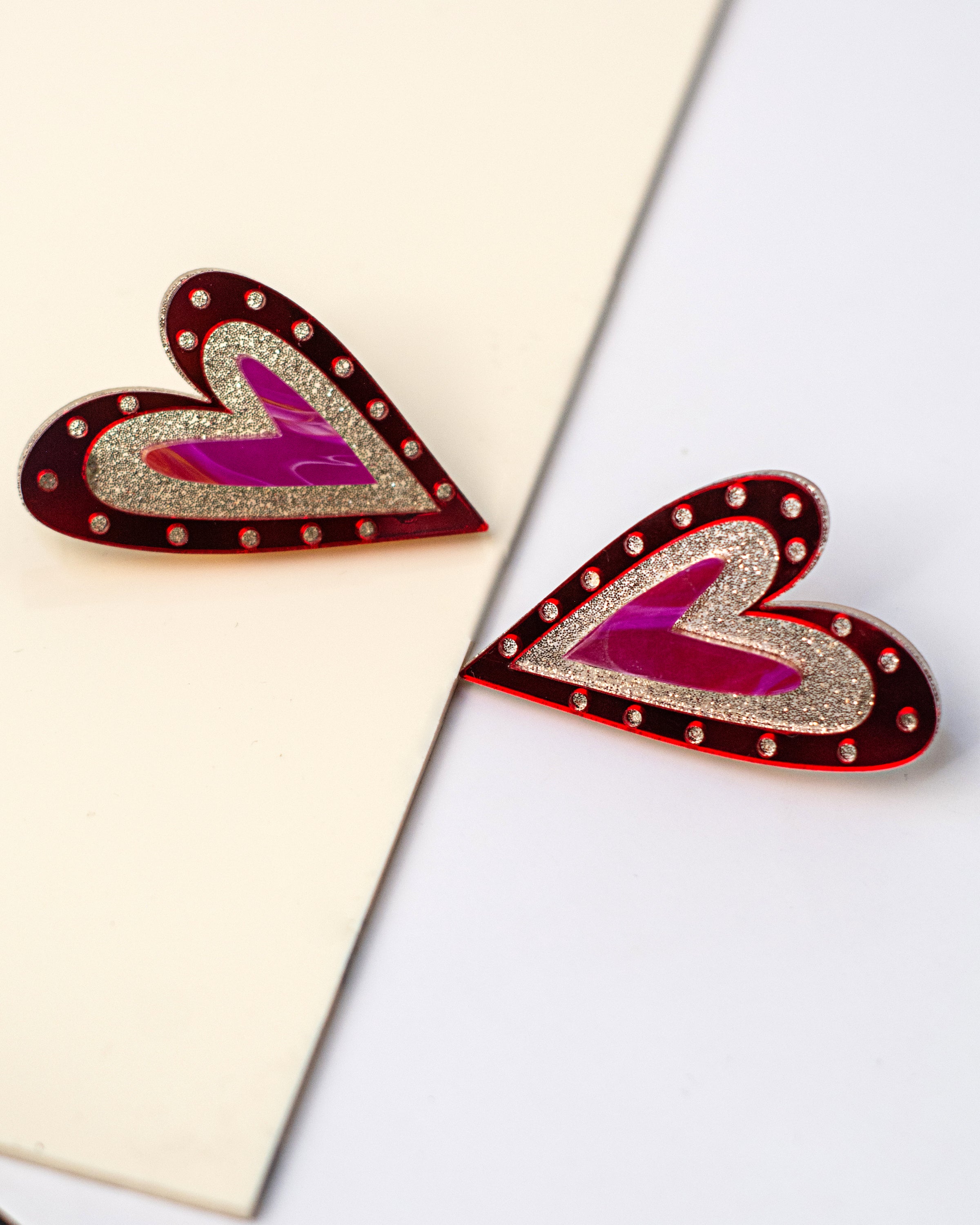 Corazones Fuertes XL - Rojo Espejo, Fucsia Marmoleado y Dorado Glitter