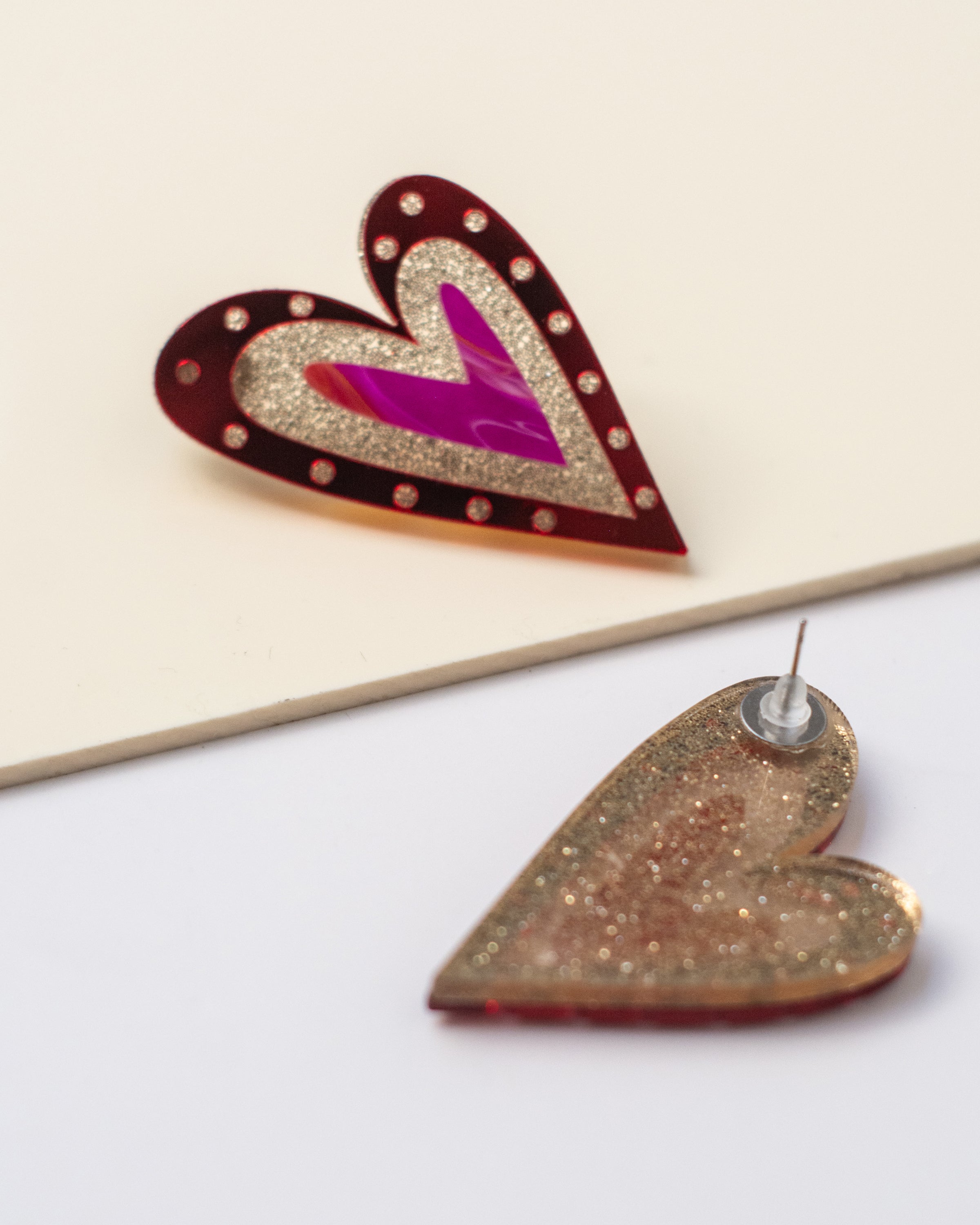 Corazones Fuertes XL - Rojo Espejo, Fucsia Marmoleado y Dorado Glitter