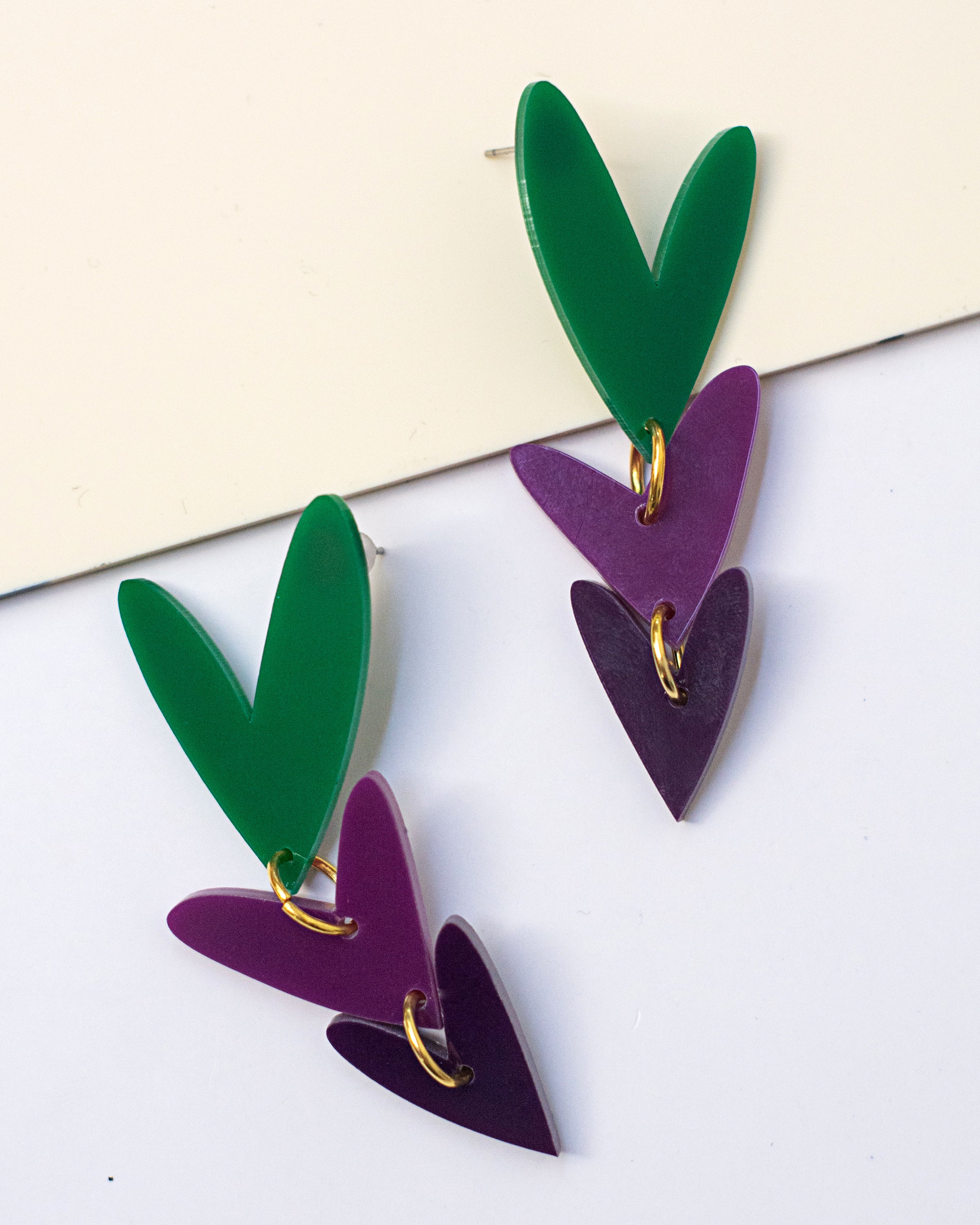 Corazones Triples - Color Verde Intenso, Morado Medio y Morado Oscuro