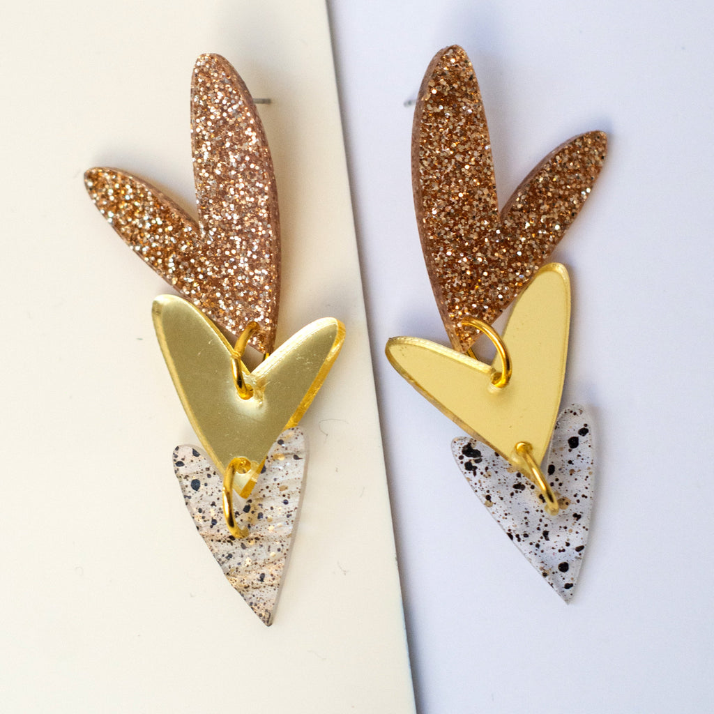 Corazones Triples - Dorado Glitter, Dorado Espejo y Traslúcido con Salpicado